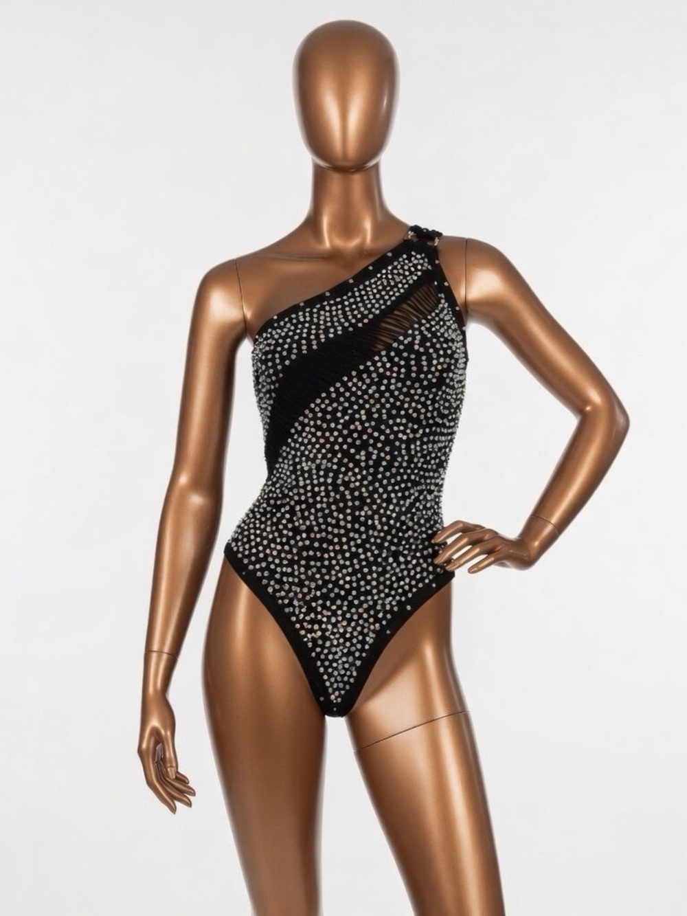 Black One-Shoulder Crystal Embellished Swimsuit